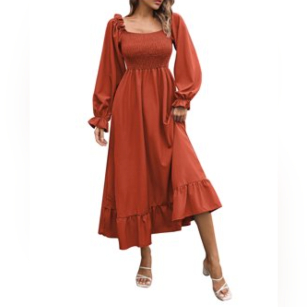 Fall Dress Square Neck Brown Terracotta Sheered Cold Weather Dresses Outfit - Picture 11 of 12